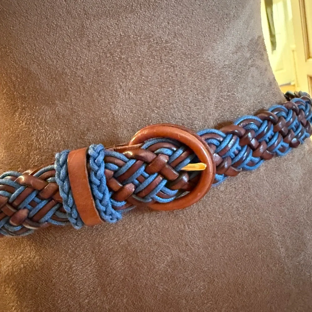 Talbots Blue and Brown Braided Leather Belt preppy tennis prep nautical